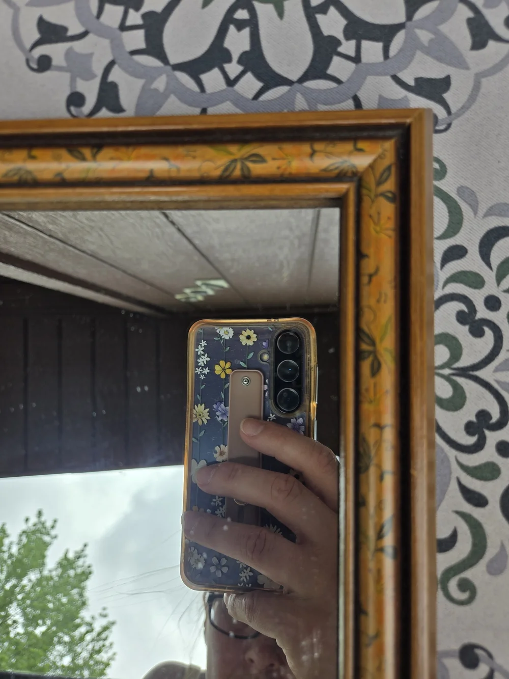 Vintage Square Mirror With Floral Border Design On Wood Frame